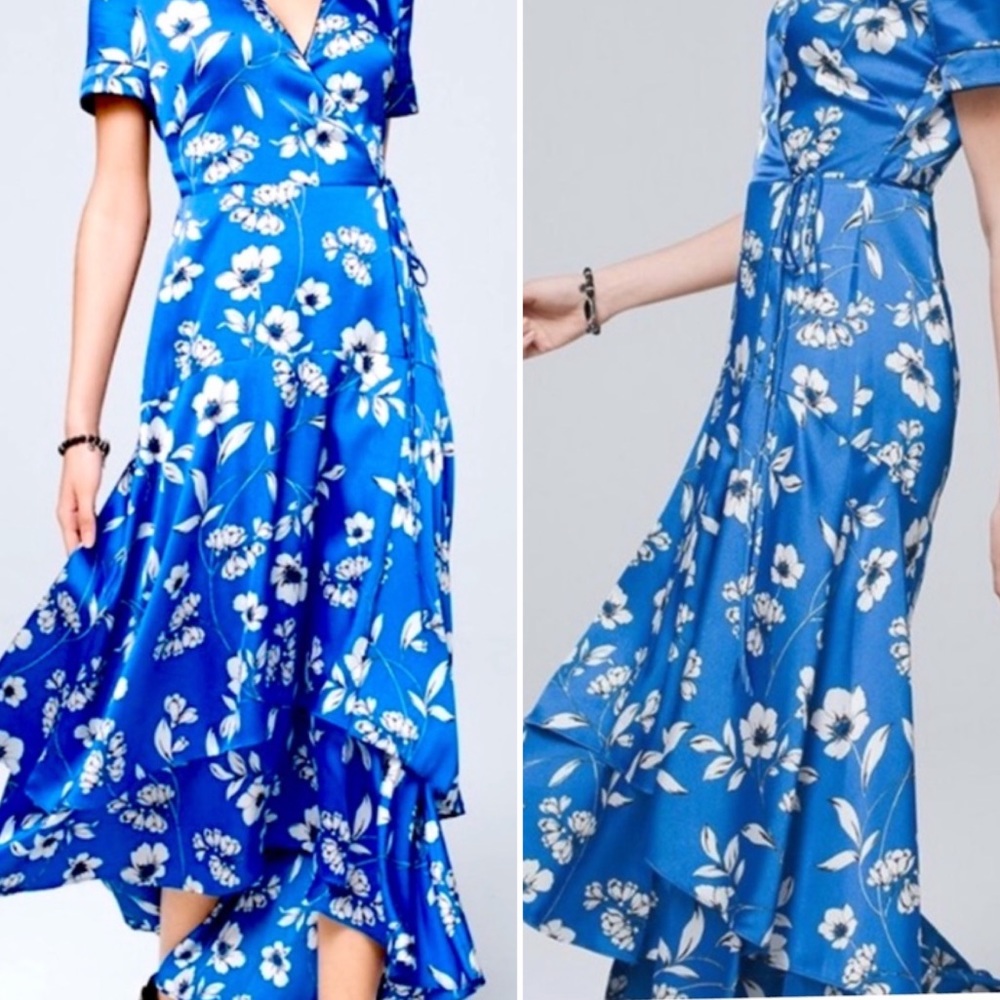 White House black market faux wrap blue floral high-Low dress Sz 0